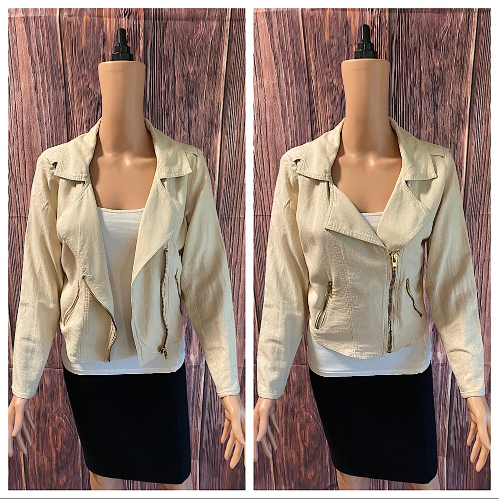 Guess size small cream beige boho light weight linen summer jacket gold